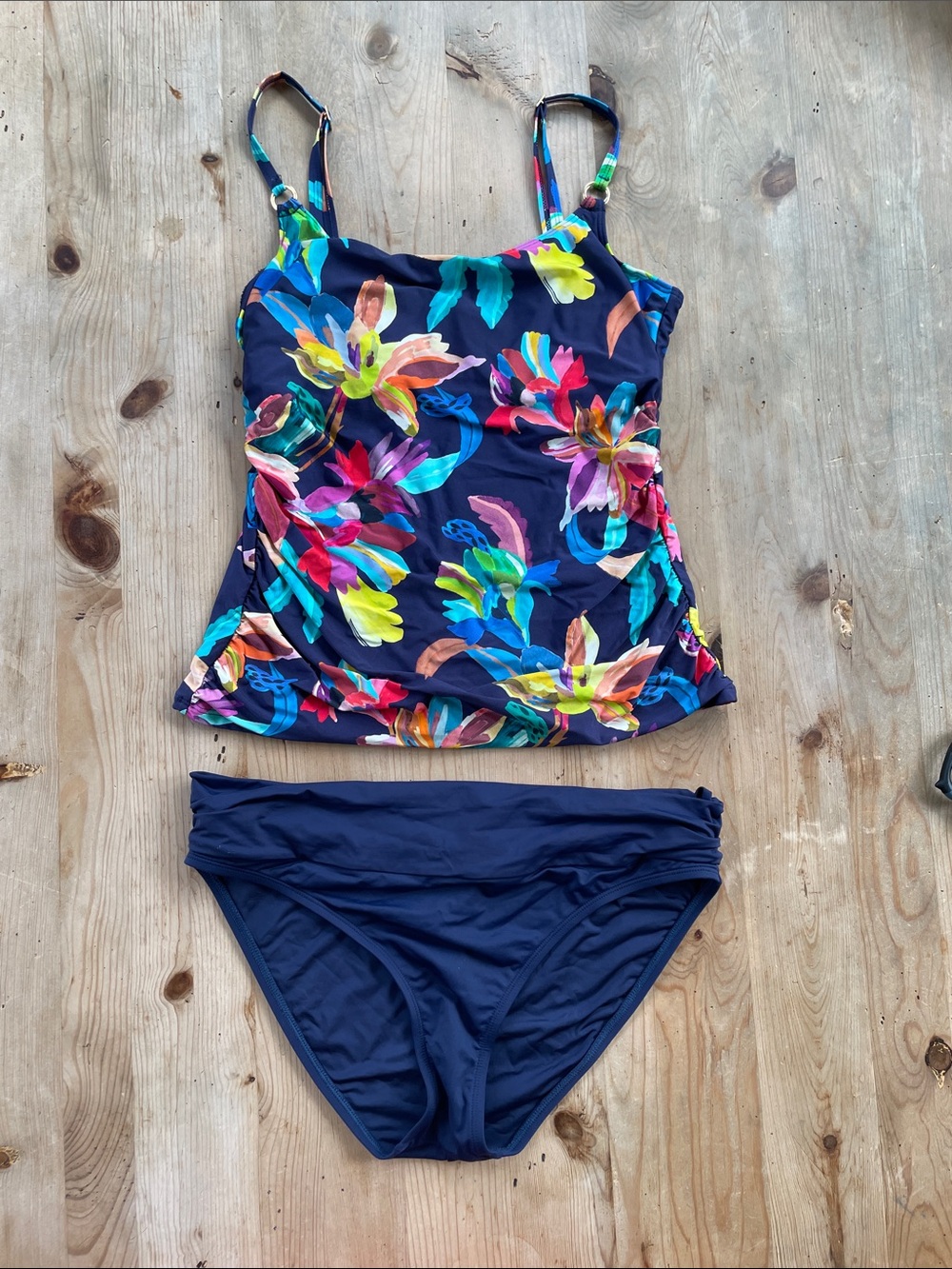 La Blanca Size 10 Floral Tankini Set  Banded Bikini Bottoms Navy Tropical Swim